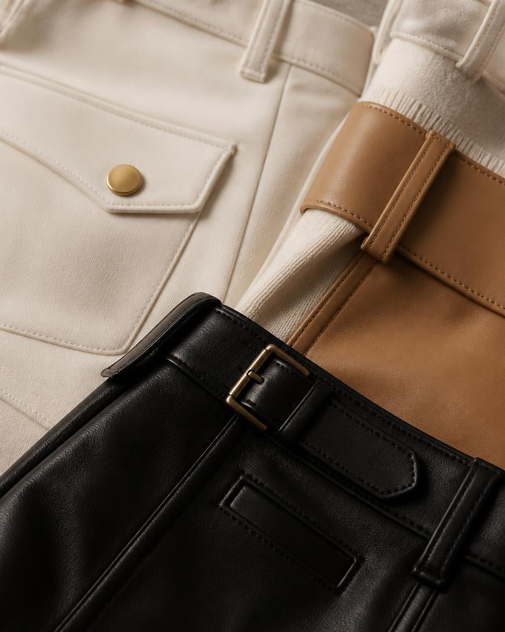 Leather pockets and belt loops applied to premium garments